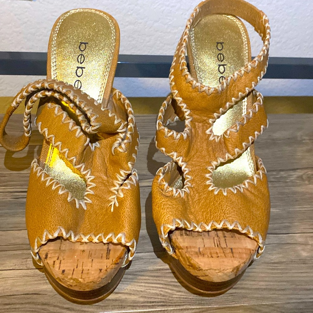 BEBE CAMEL TAN CORK LEATHER HEELS